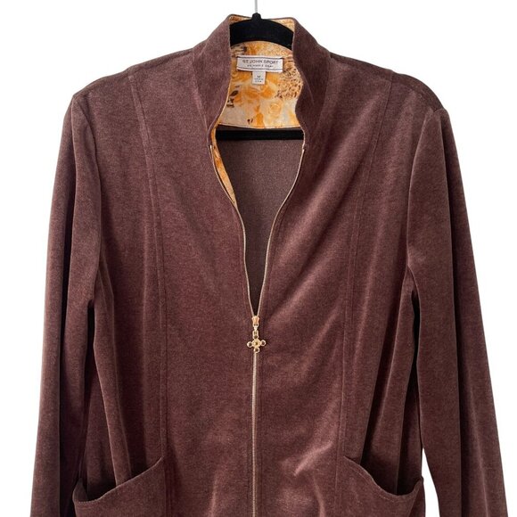 St. John Sport Size M Brown Velour Zip-Up Jacket Sweater Drawstring Hem - Picture 5 of 10